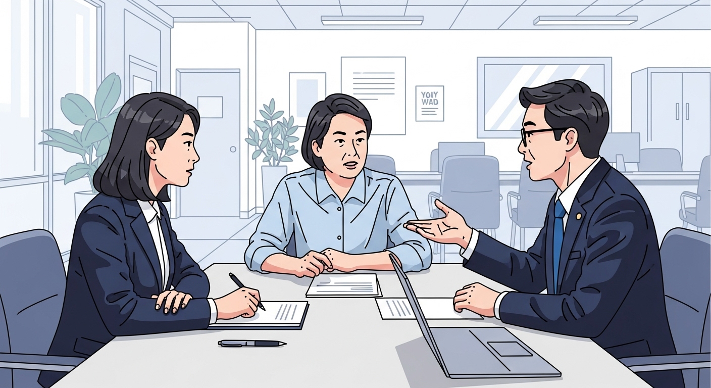 고용센터에서 강화된 재취업 활동 요건을 마주하는 결심에 찬 한국인의 모습