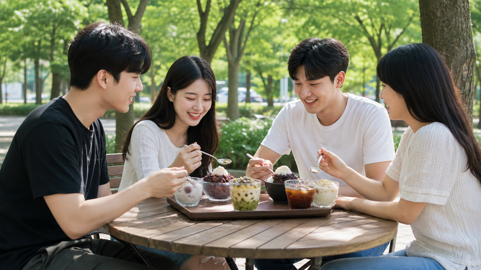 한국의 공원에서 친구들이 시원한 음료를 마시며 즐기는 모습