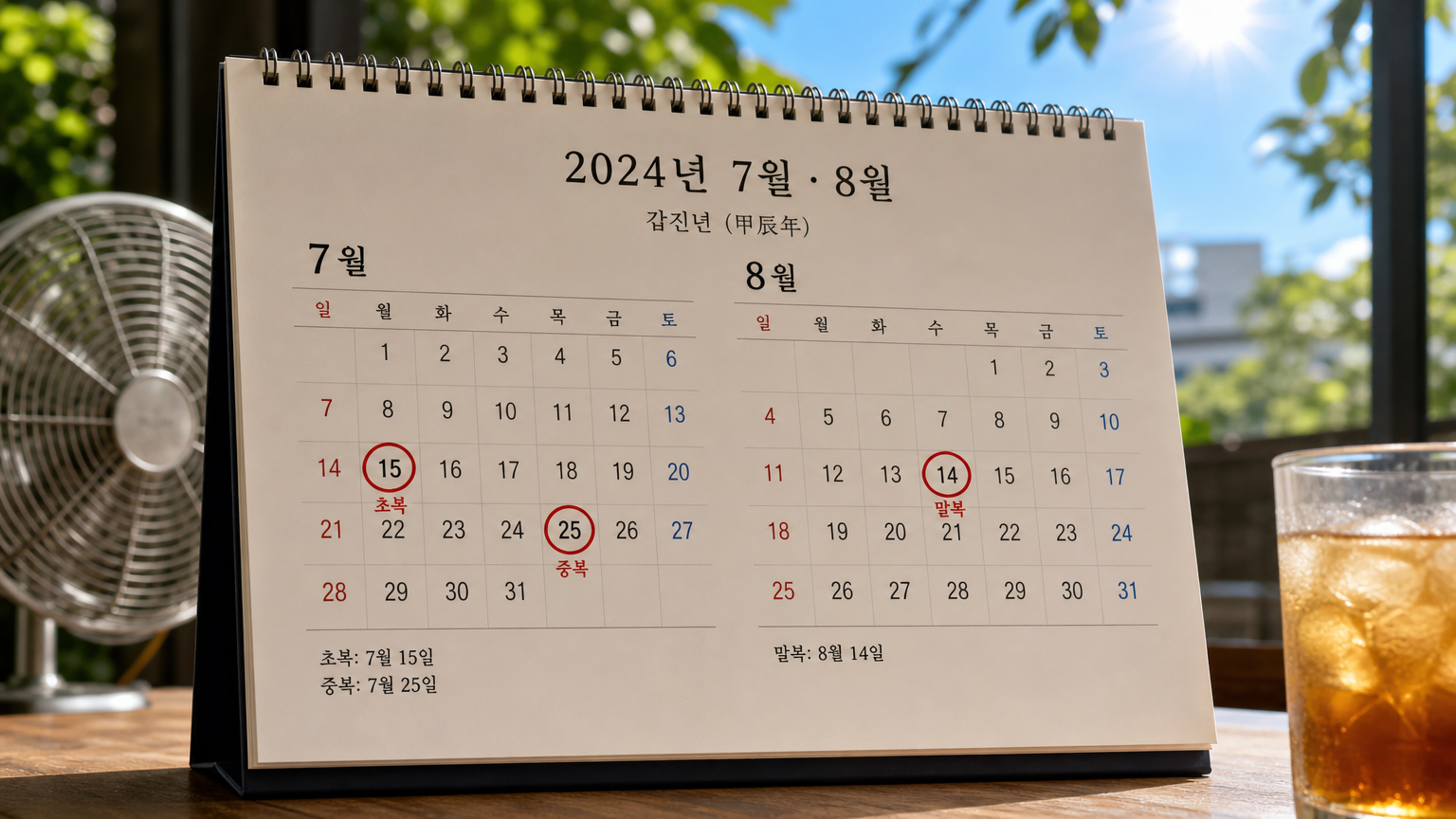 달력에 표시된 초복, 중복, 말복 날짜와 배경에 뜨거운 여름 풍경