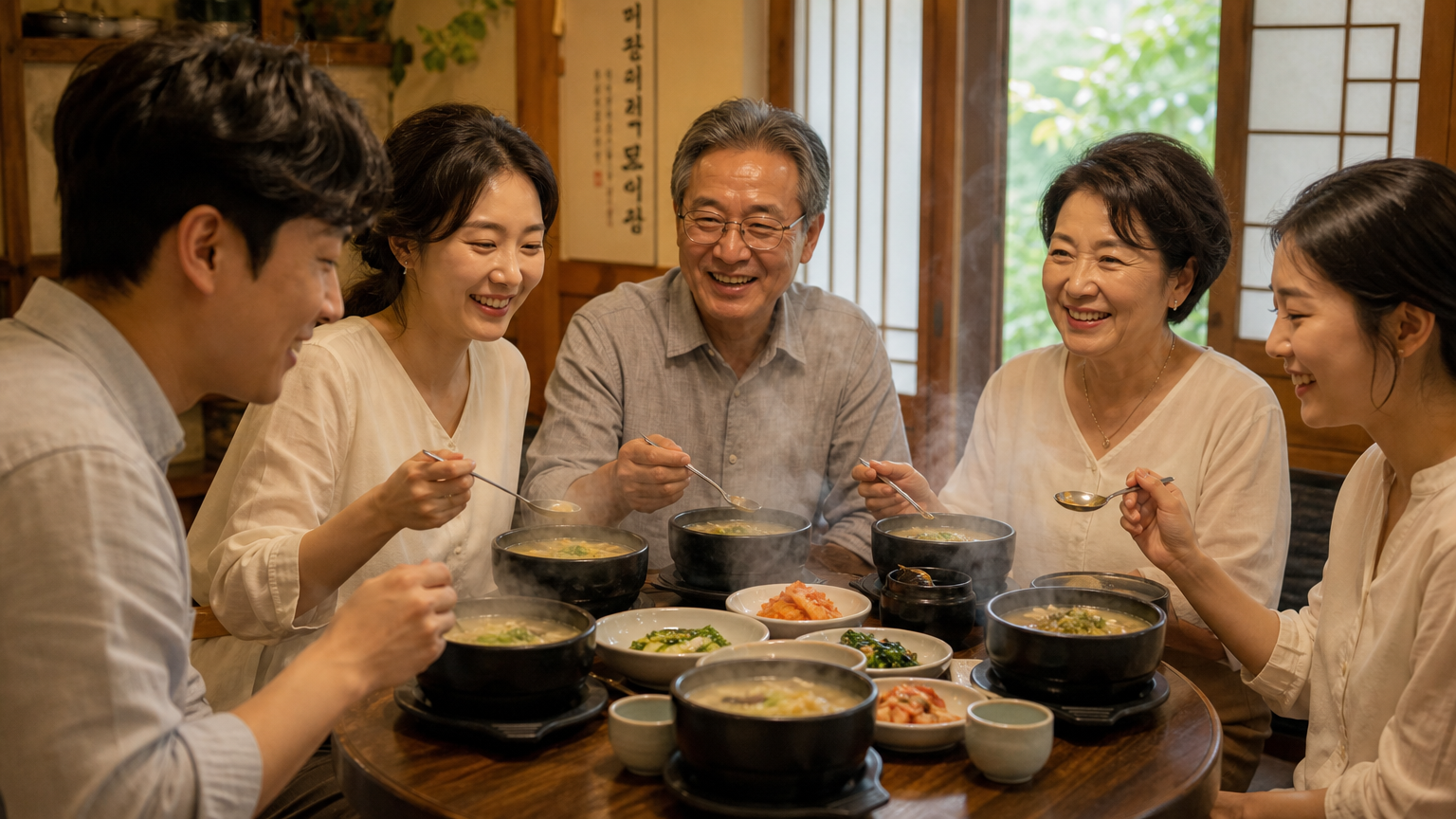 더운 날씨에 가족들이 모여 뜨거운 국을 먹으며 이열치열을 체험하는 장면