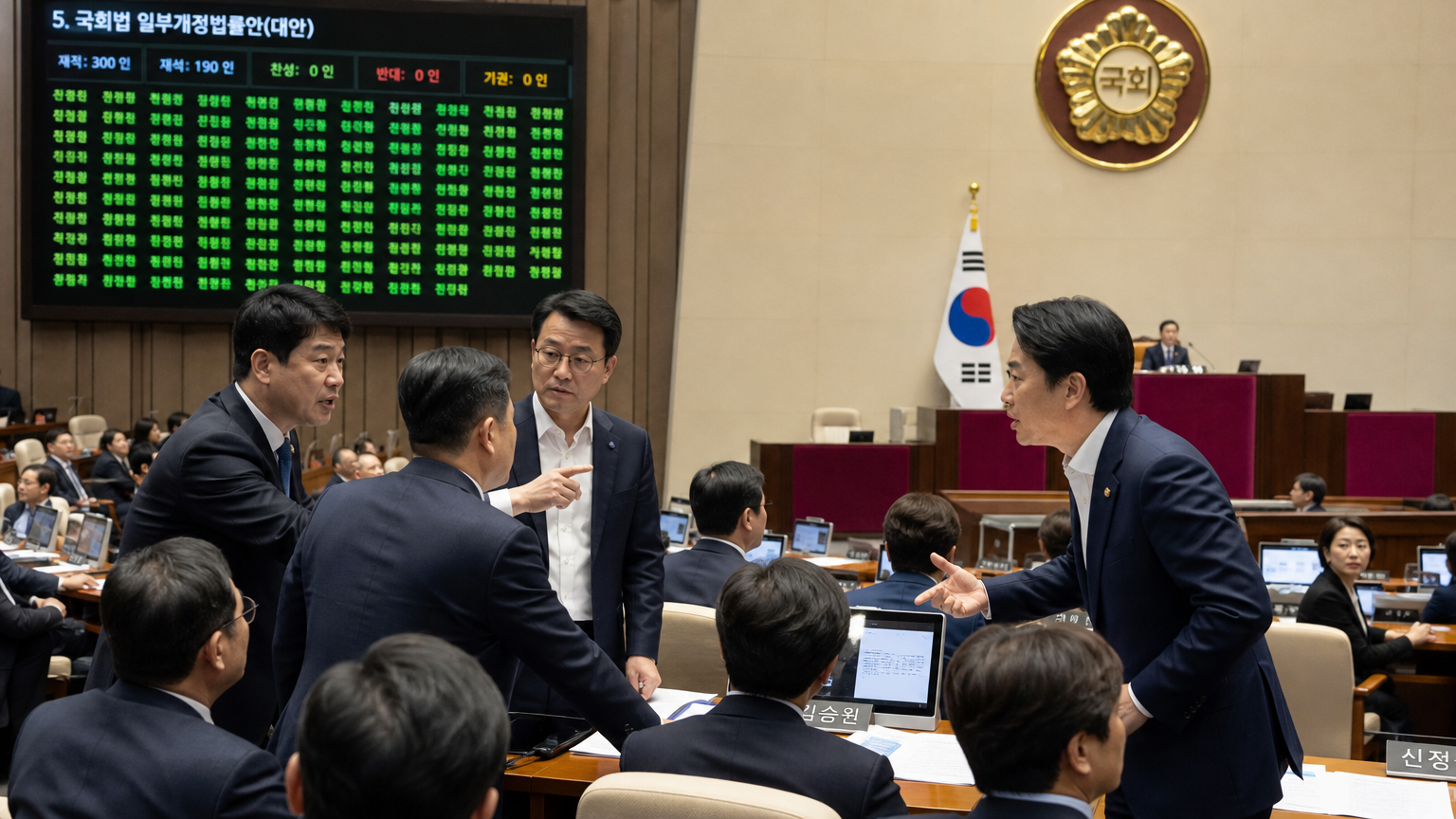한국 국회의원들이 입틀막법 개정을 활발히 토론하는 국회의 모습