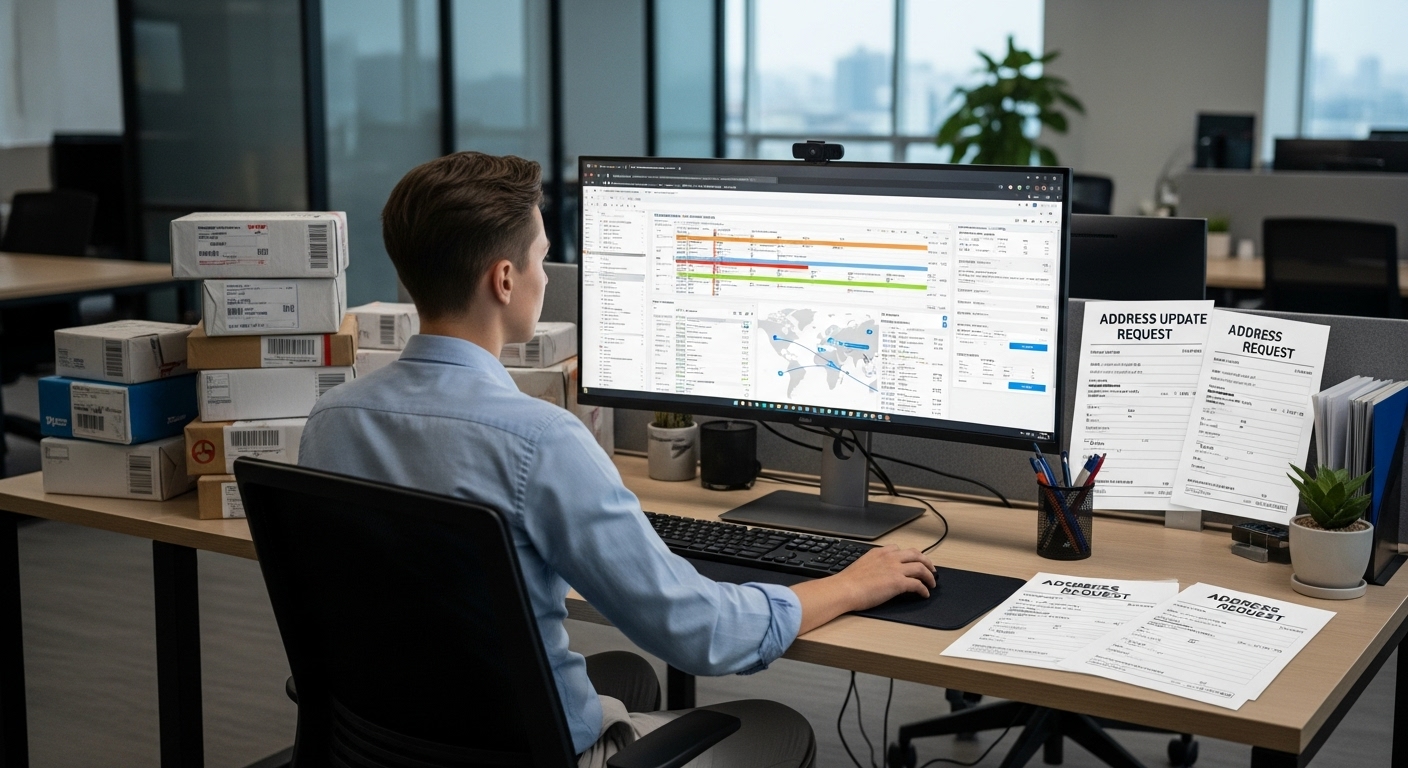 사무실 책상에서 국제 배송 정보를 확인하고 주소 변경 양식을 작성 중인 현대 한국 직장인의 모습
