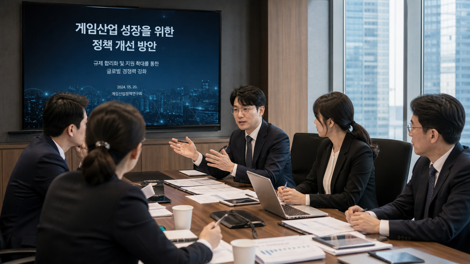 한국 비즈니스 전문가들이 회의실에서 게임 산업 성장을 위한 정책 변화를 논의하는 장면