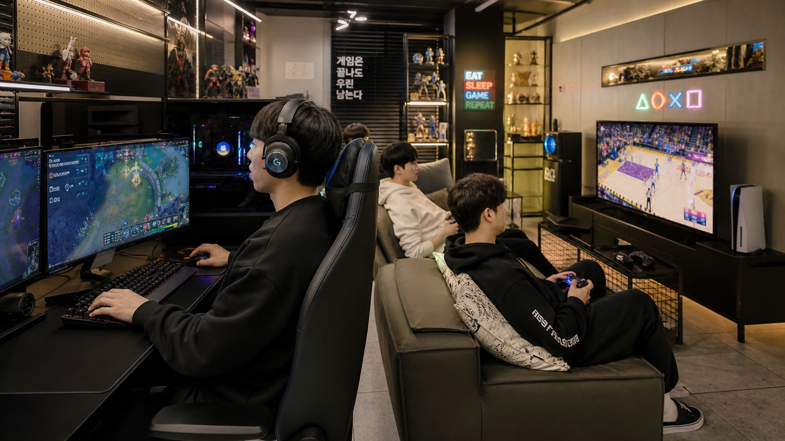 다양한 게이밍 장비와 콘솔이 있는 현대적인 엔터테인먼트 공간에서 PC 및 콘솔 게임을 즐기는 한국 게이머들