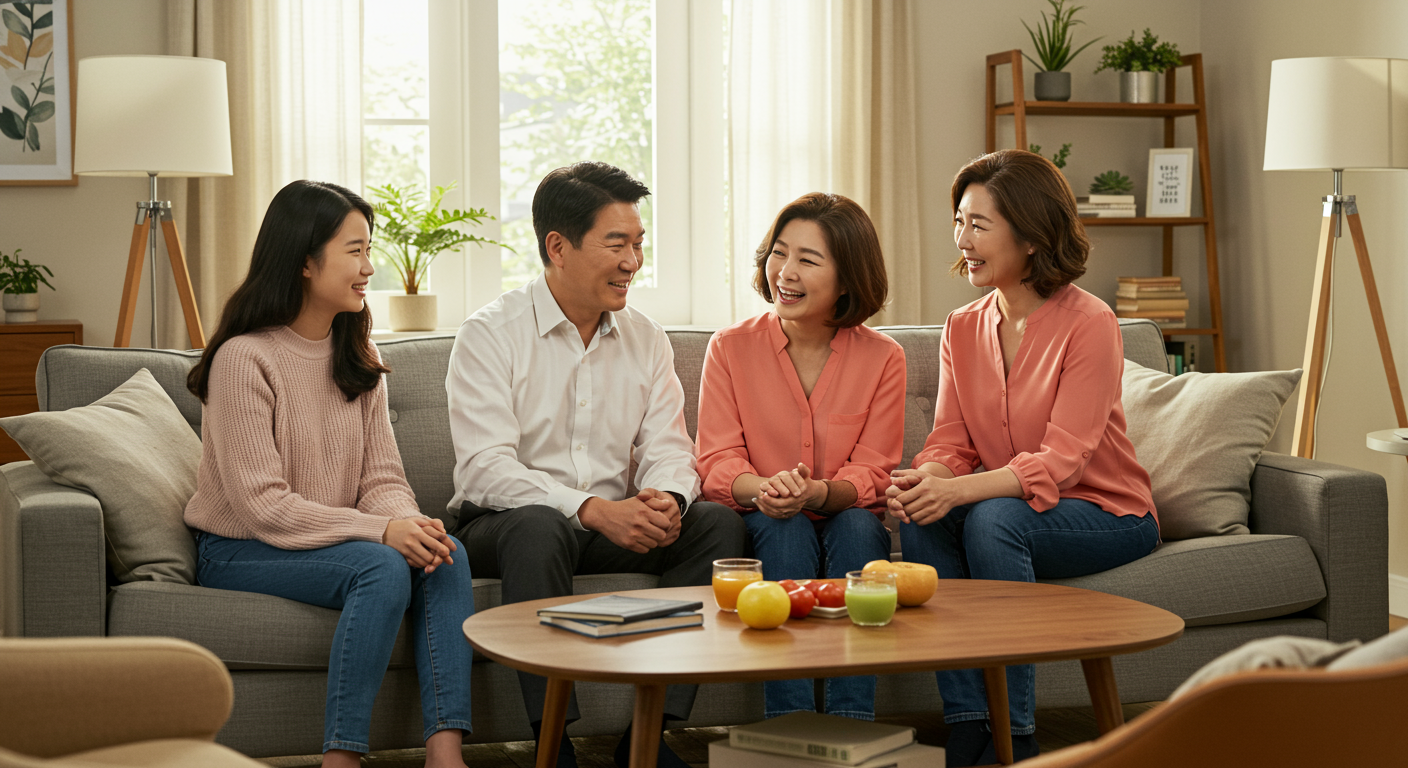 현대적인 거실에서 건강한 생활습관에 대해 이야기하는 가족의 모습