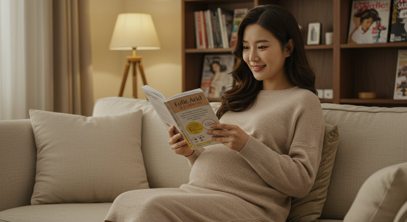 임신한 여성이 편안한 거실에서 엽산에 관한 현대적인 가이드북을 읽고 있는 모습