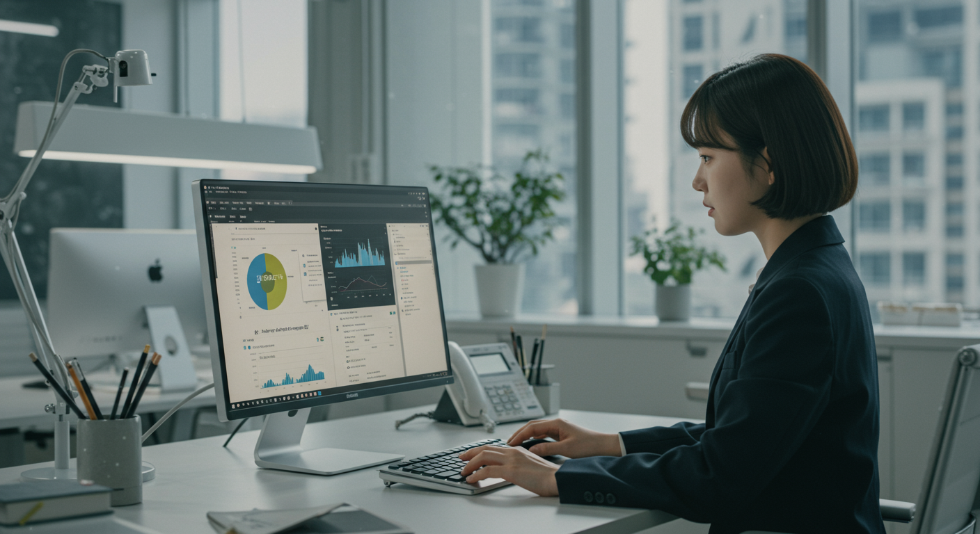 현대적인 사무실에서 컴퓨터로 엑셀의 고급 기능을 사용하는 직장인 모습