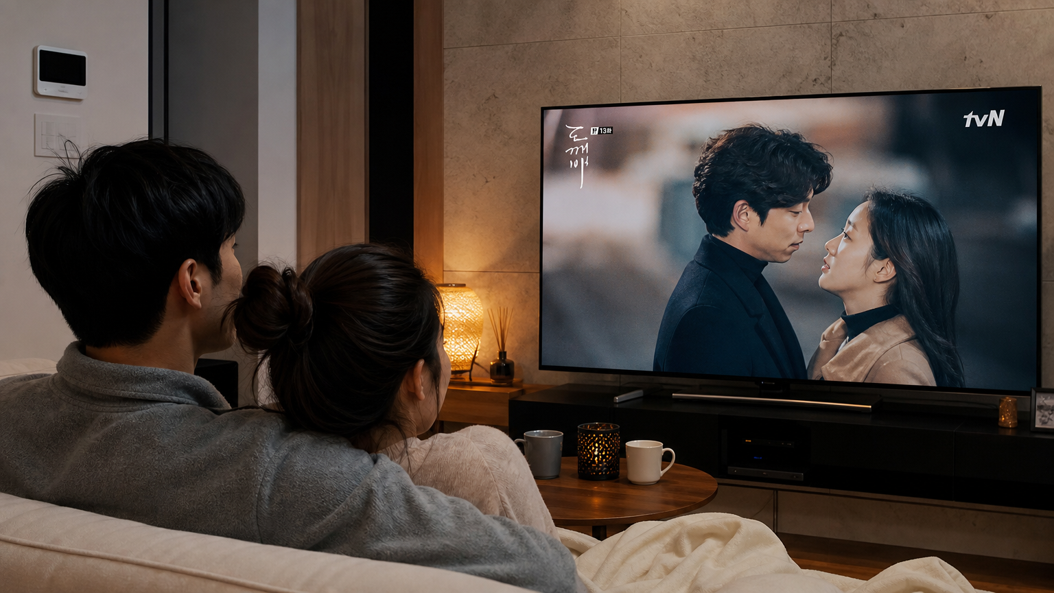 현대적인 거실에서 편안하게 드라마 '도깨비'를 시청하는 젊은 커플