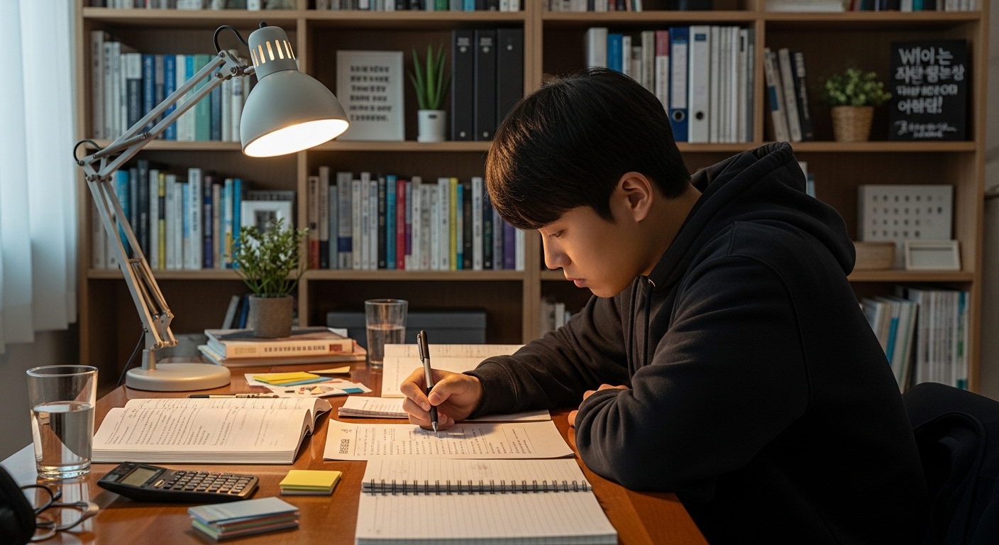 책과 공부 자료로 가득 찬 스터디 룸에서 시험 준비 중인 집중하는 학생