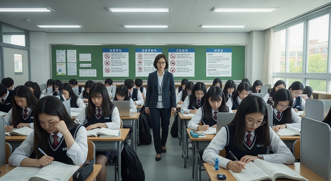 엄격한 규칙이 게시된 자율학습실에서 감독받으며 공부하는 고등학생들