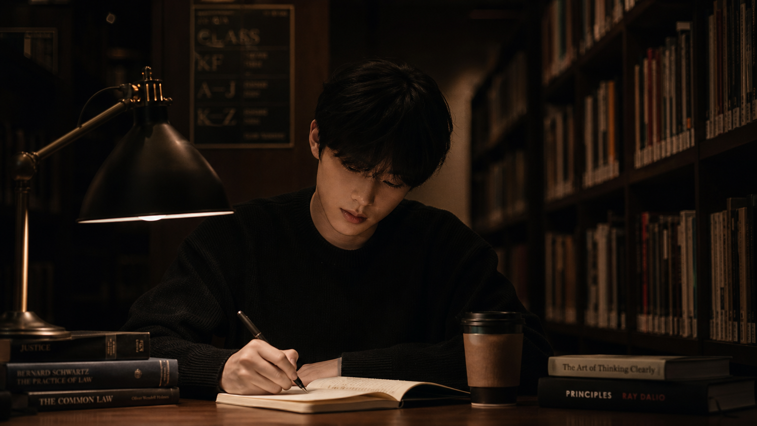 어두운 도서관에서 노트에 글을 쓰는 신비로운 학생의 모습