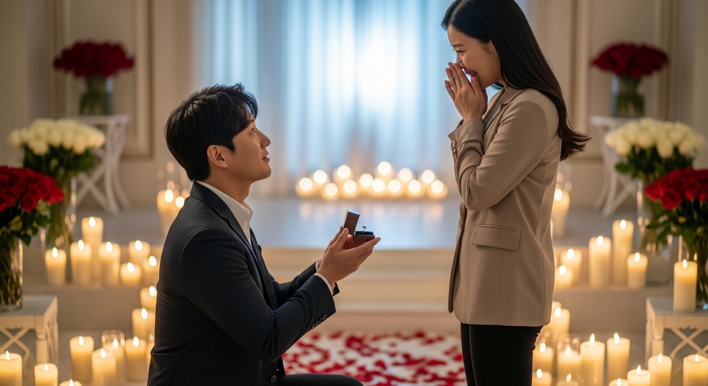 촛불과 꽃으로 장식된 방에서 무릎 꿇고 청혼하는 로맨틱한 순간