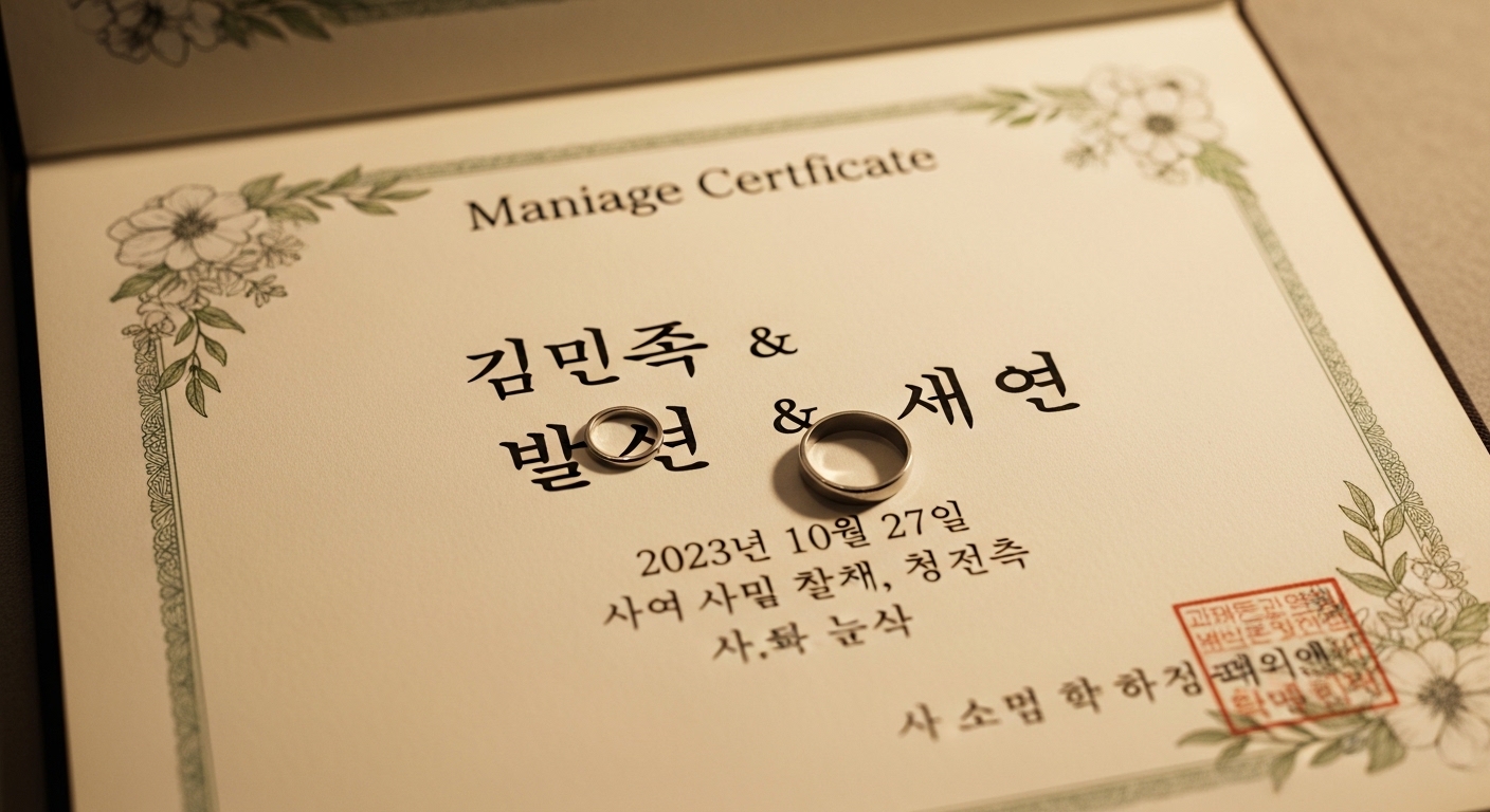 두 사람의 이름이 선명히 적힌 혼인신고서 클로즈업 이미지