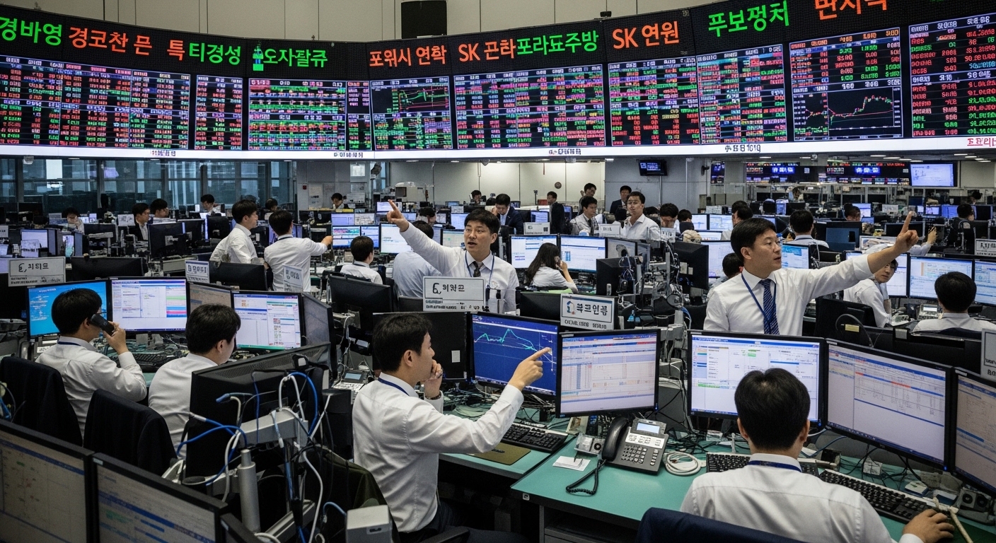 활기찬 주식시장, 전자 보드에 표시된 반도체 관련 주식과 거래 중인 트레이더들