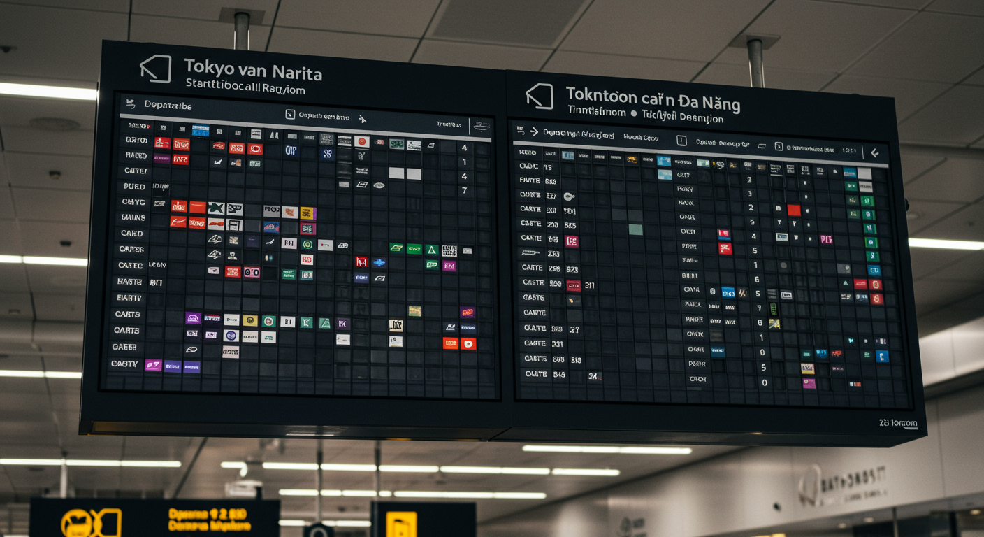 도쿄 나리타와 다낭행 항공편이 표시된 공항 시간표