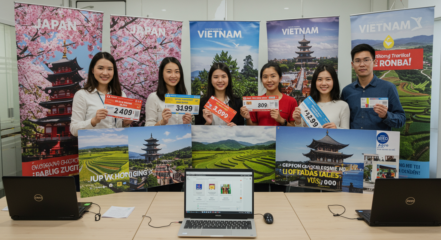 일본과 베트남 노선을 위한 저렴한 항공권 프로모션 배너