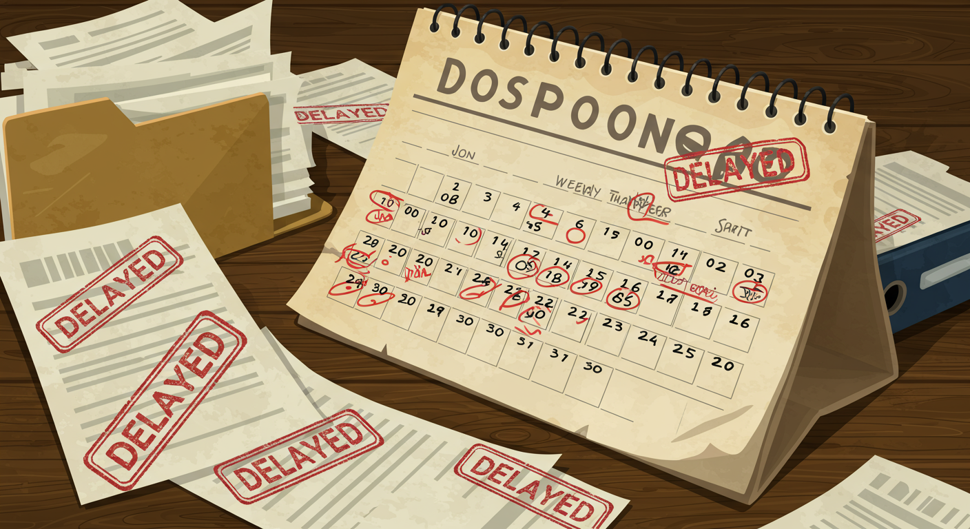 '연기됨' 도장이 찍힌 법원 문서와 기약 없는 일정이 표시된 달력