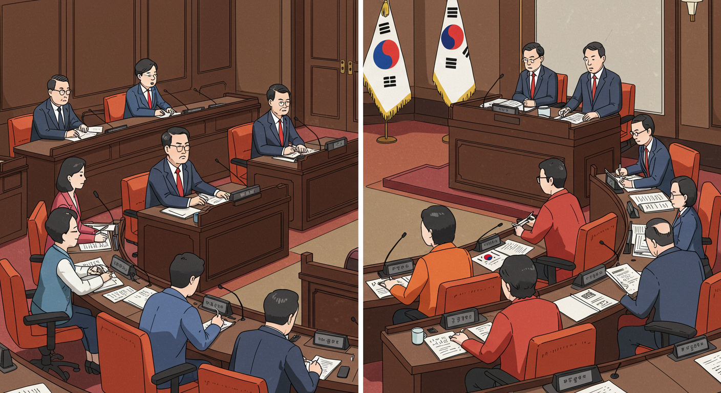 한국 국회에서 논란과 의견 차이가 드러나는 정치 토론 장면