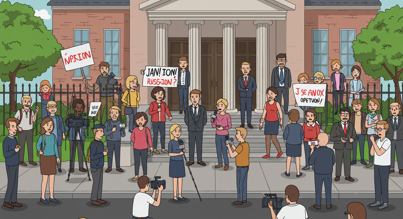 다양한 사람들이 모인 법원 외부에서 언론 취재 중인 장면