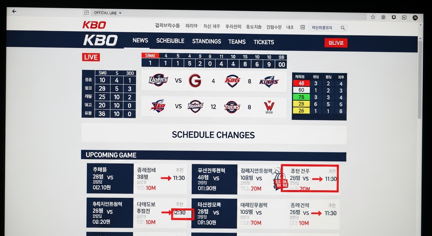 KBO 공식 웹사이트 화면에 실시간 업데이트와 일정 변경 사항이 표시된 모습