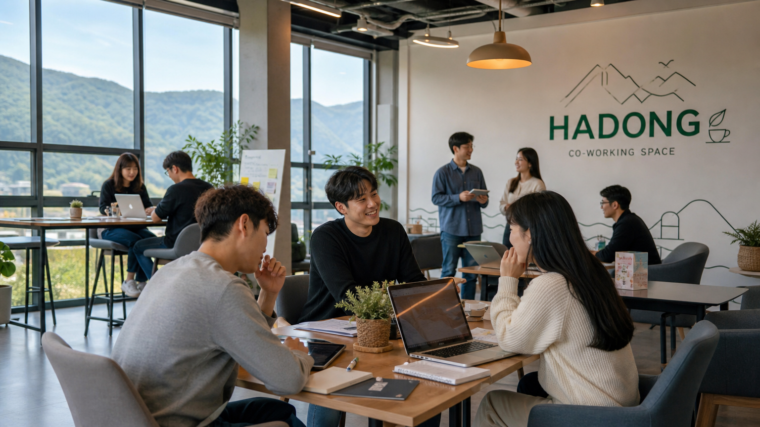 활기찬 코워킹 공간에서 창의적인 프로젝트에 참여하는 젊은 전문가들
