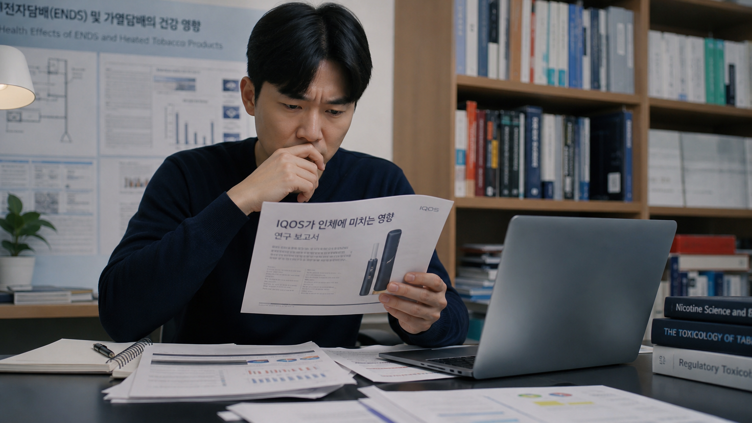 책상 위에서 건강 보고서를 읽고 있는 사람의 우려하는 모습