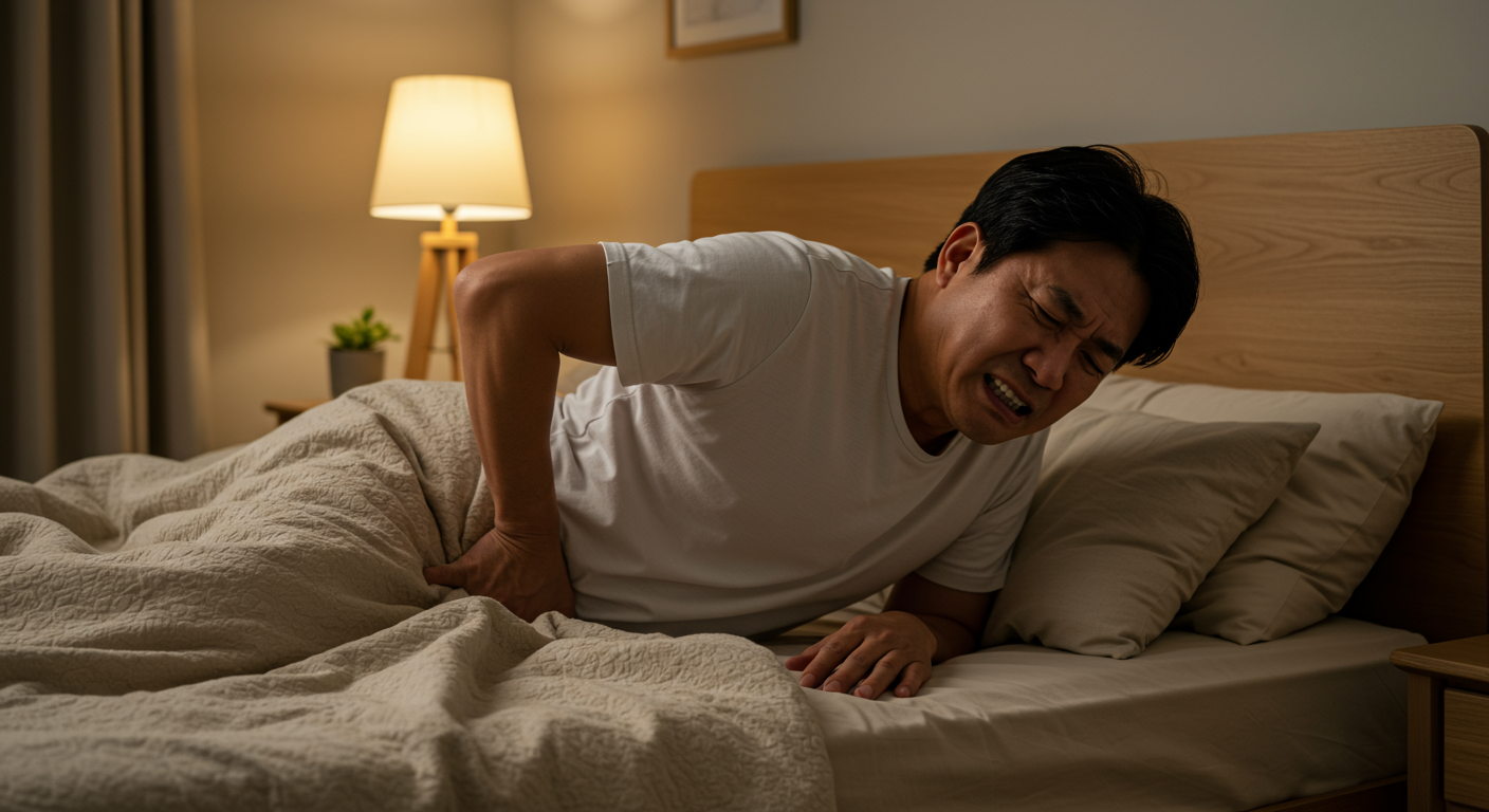 만성 통증으로 인해 침대에서 불편함을 겪고 있는 중년 남성