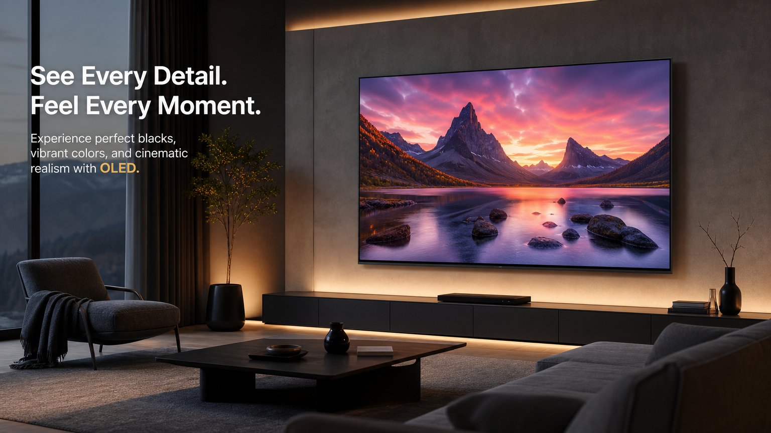 모던 가구로 꾸며진 미니멀리스트 거실에 전시된 고급 OLED 스크린들