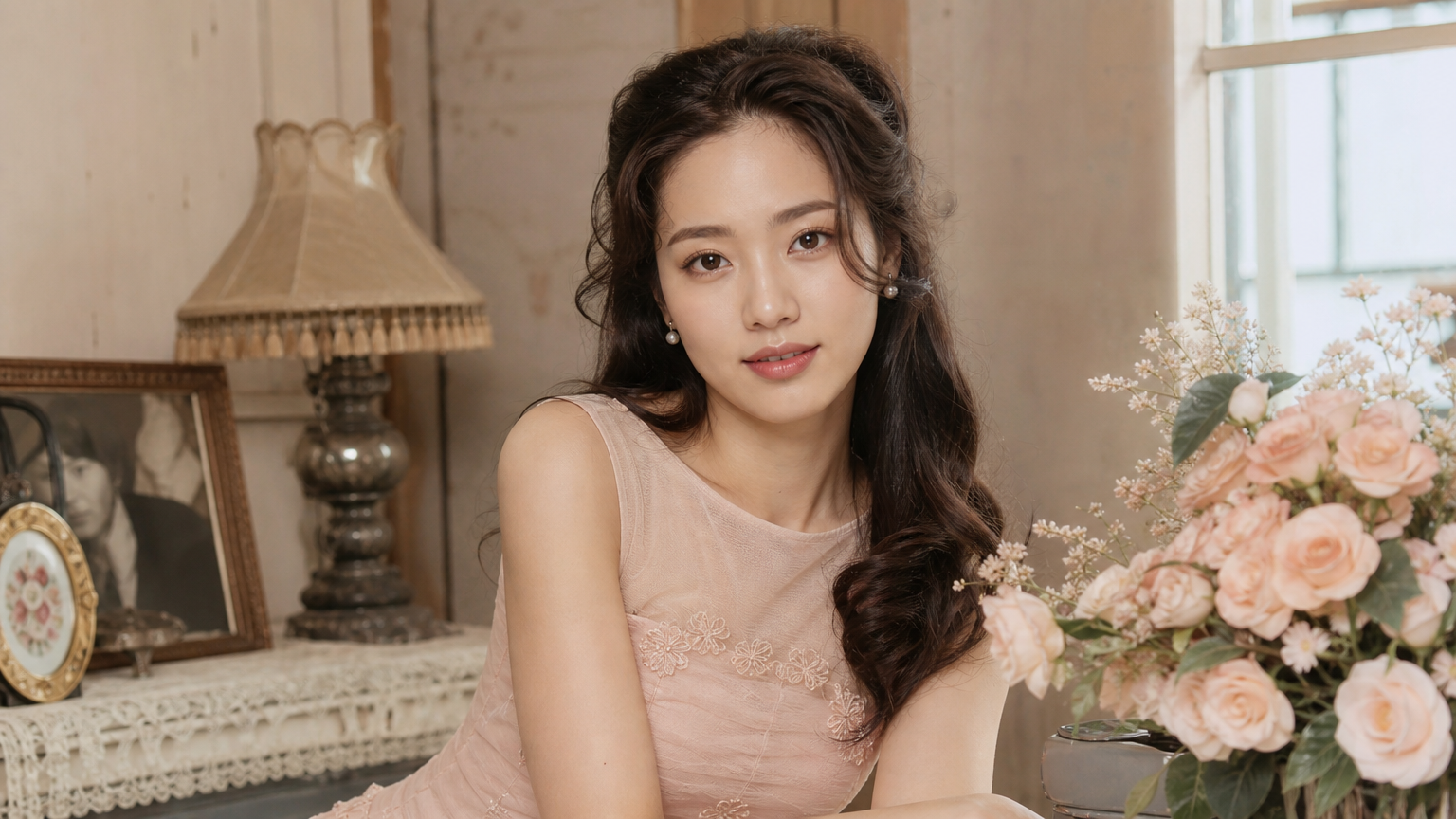 긴 웨이브 헤어와 파스텔 드레스를 입고 있는 젊은 배우의 우아한 모습