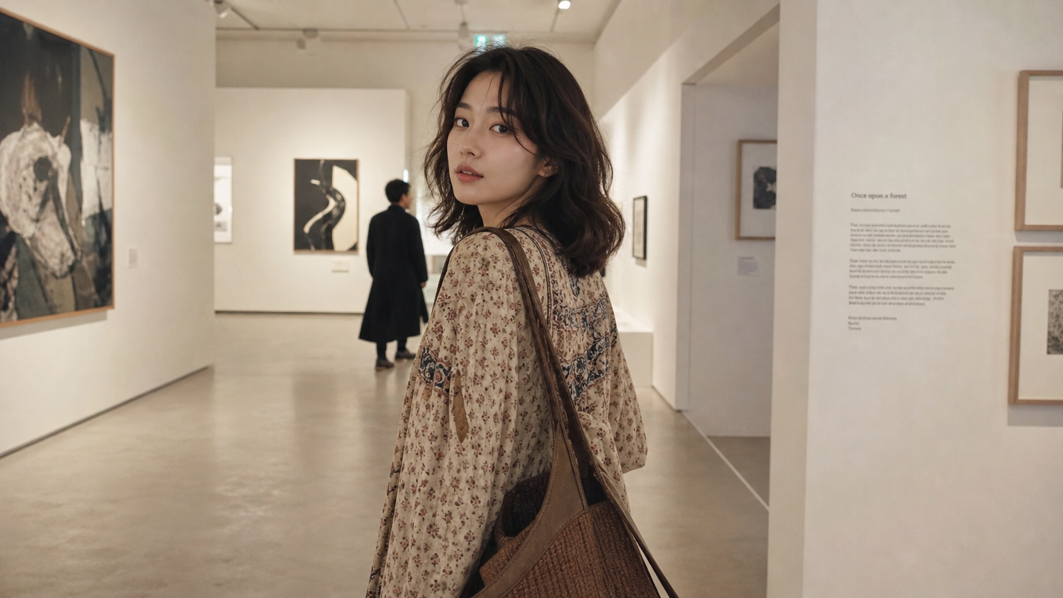 보헤미안 시크 의상을 입고 예술 갤러리에 서 있는 한국 여성