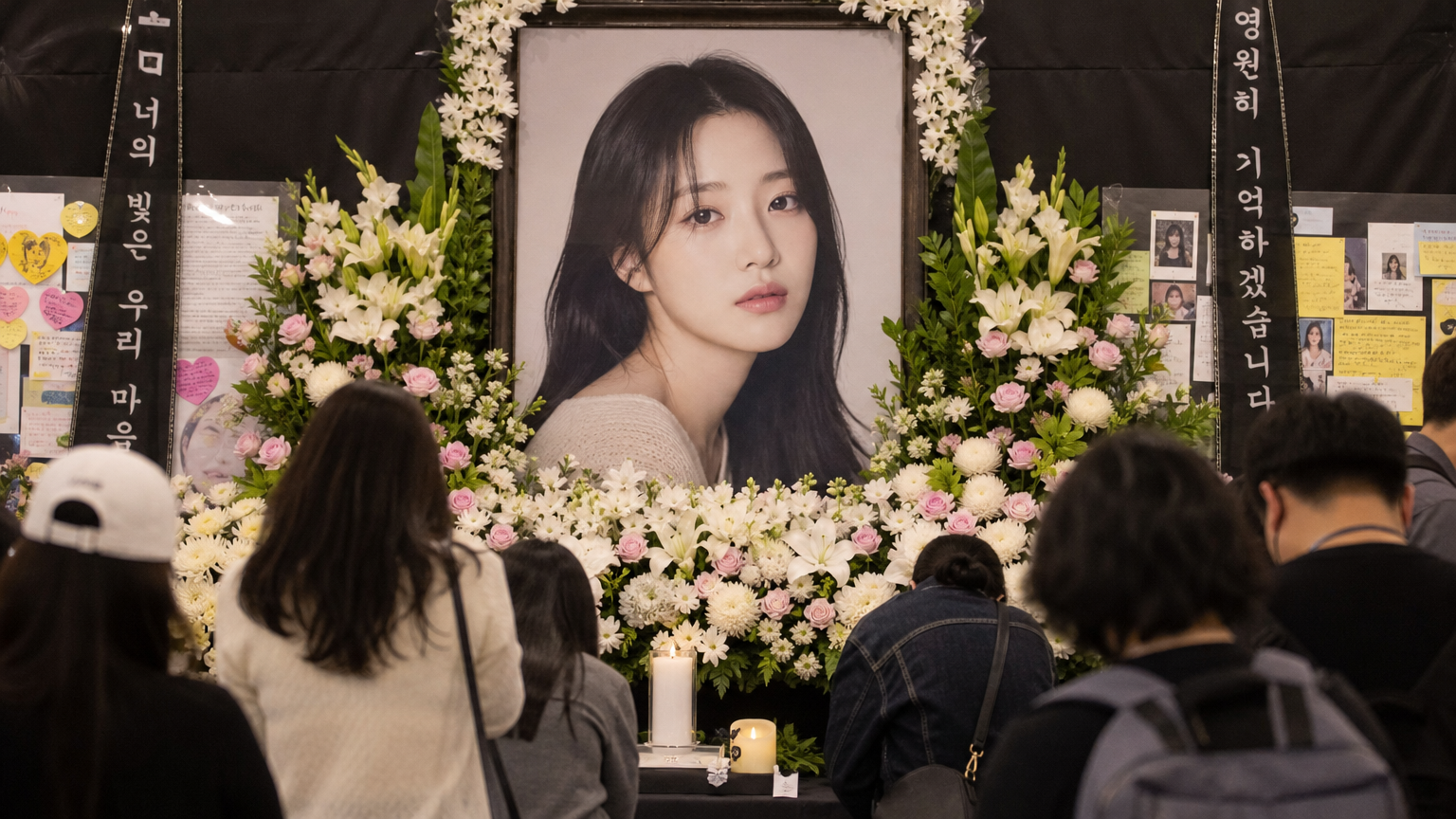 고인의 사진과 꽃, 촛불로 꾸며진 추모 장소에서 사람들 조문하는 모습