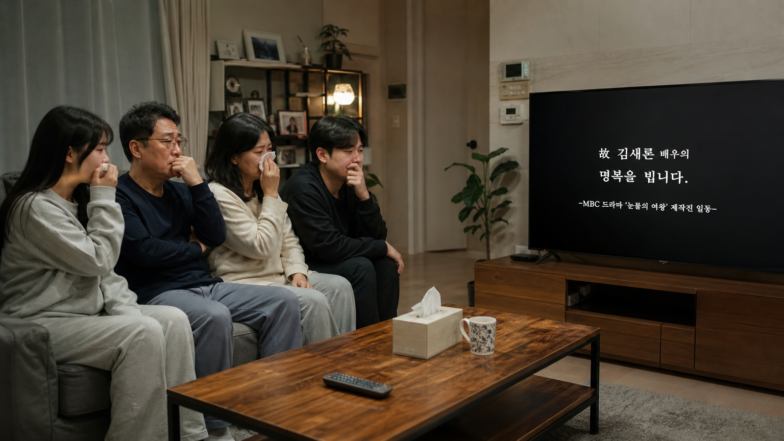가족들이 드라마 끝 크레딧의 추모 문구를 보고 있는 장면