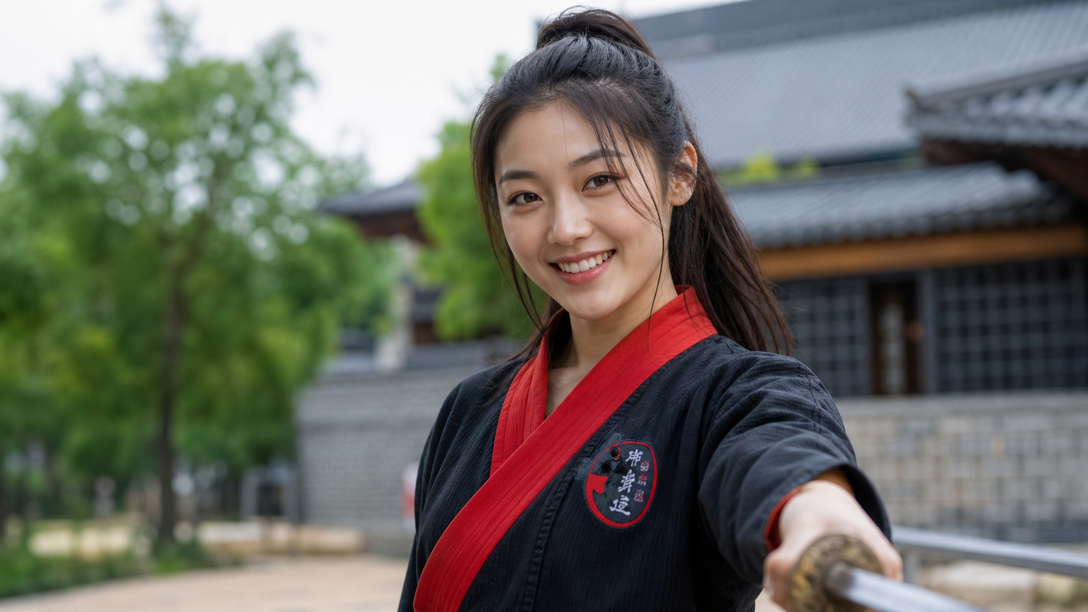 밝고 자신감 있는 모습으로 서있는 젊은 여배우의 초상화