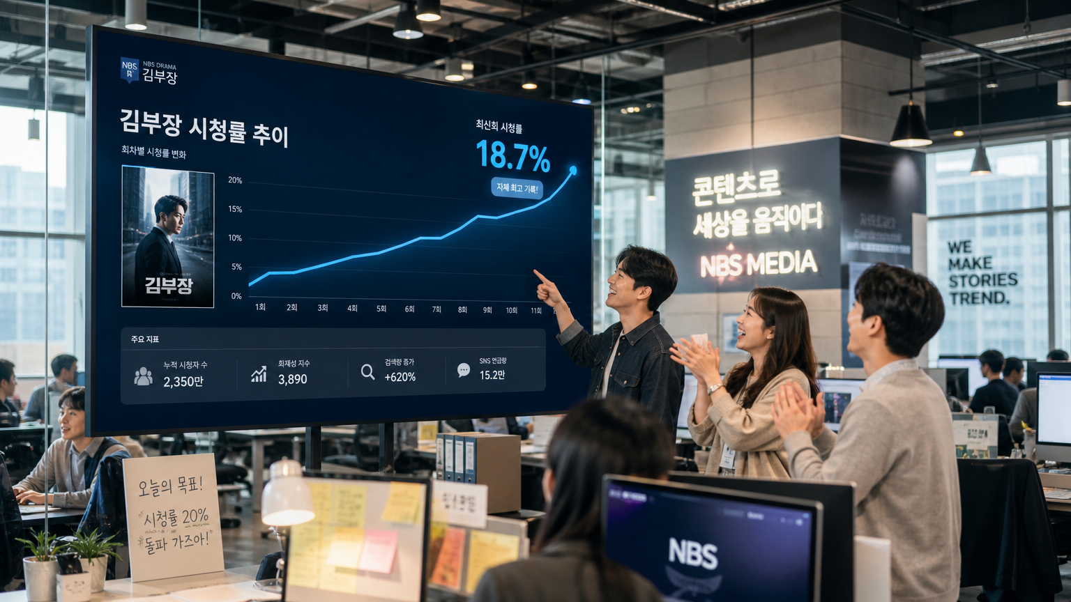 현대적인 사무실에서 '김부장'의 시청률 상승을 보여주는 디지털 화면과 활기찬 뉴스룸 분위기