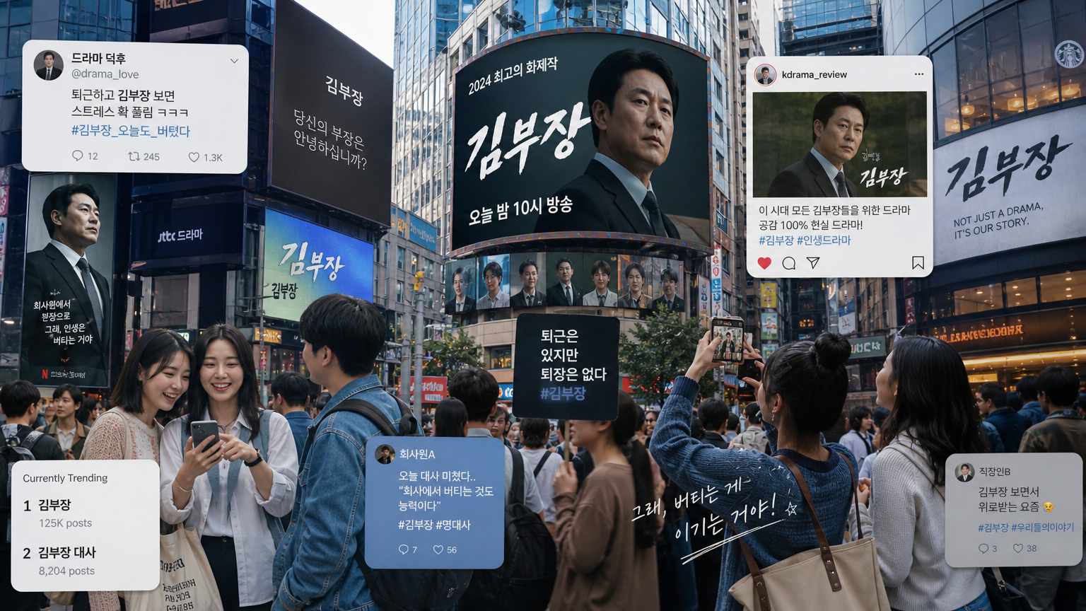 다양한 사람들이 드라마 '김부장'에 대해 이야기하는 붐비는 한국 거리와 광고판