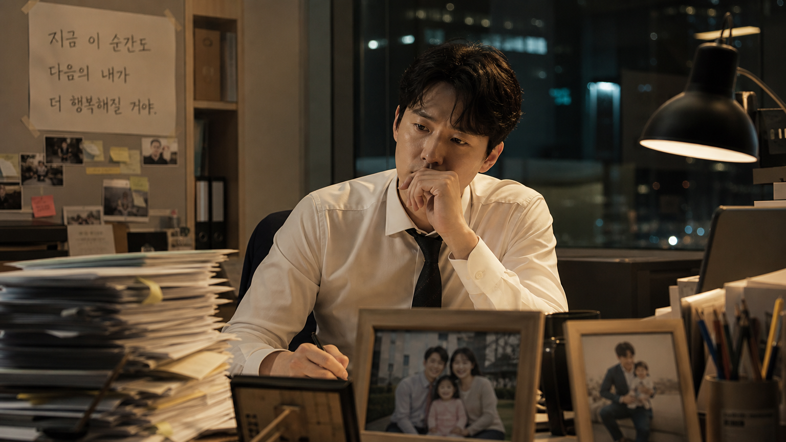 서류와 가족 사진으로 가득한 책상 앞에서 깊은 생각에 잠긴 직장인의 모습