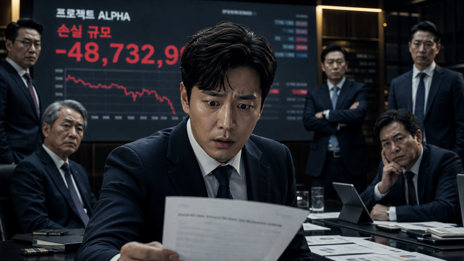 긴급한 이사회 회의에서 충격적인 사실을 마주하는 한국 남성의 극적인 장면