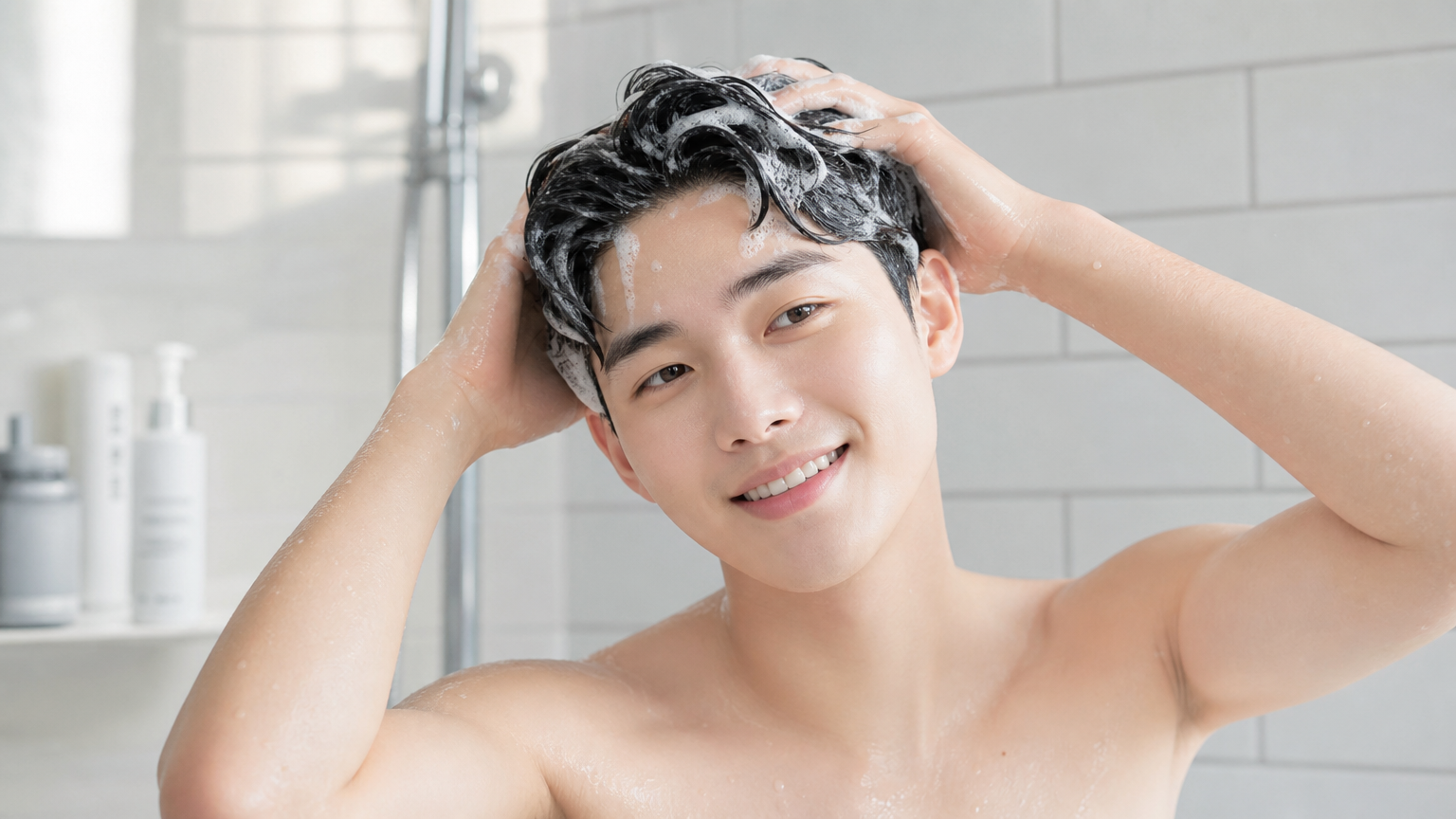 밝은 욕실에서 상쾌하게 머리를 감고 있는 젊은 남성