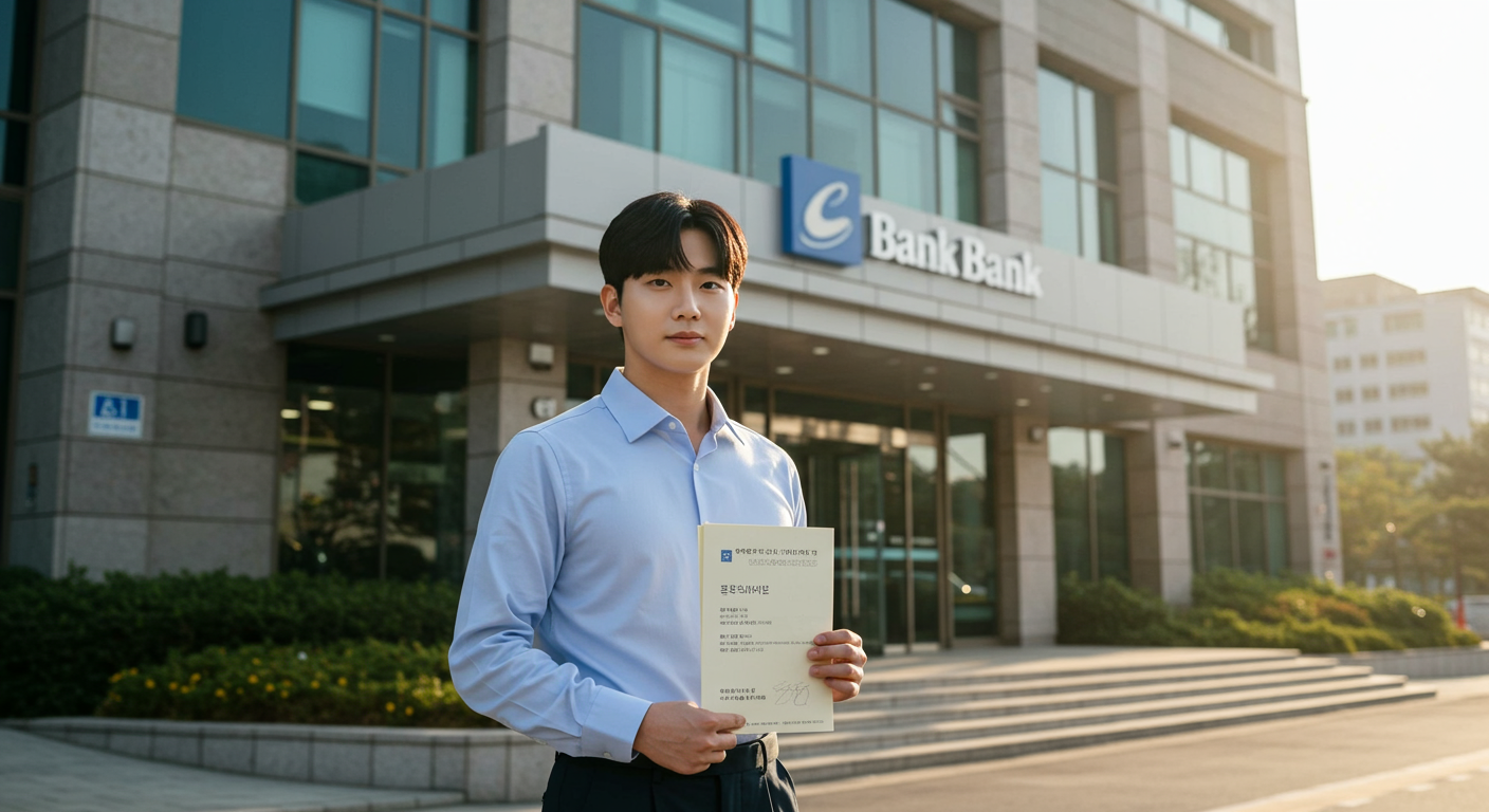 젊은 성인이 서류를 들고 현대적인 은행 건물 앞에 서 있는 모습