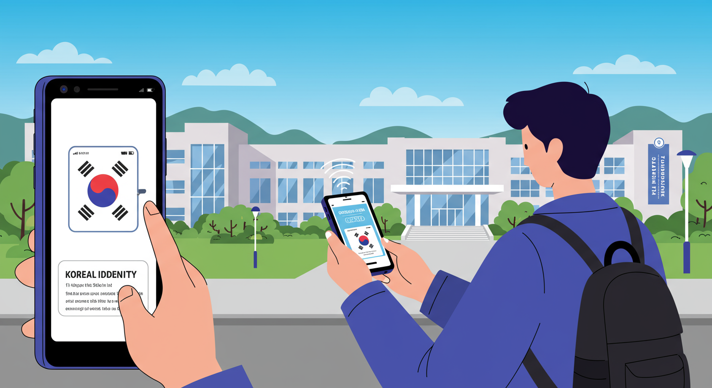 한국 대학생이 스마트폰으로 디지털 학생증을 사용하는 모습