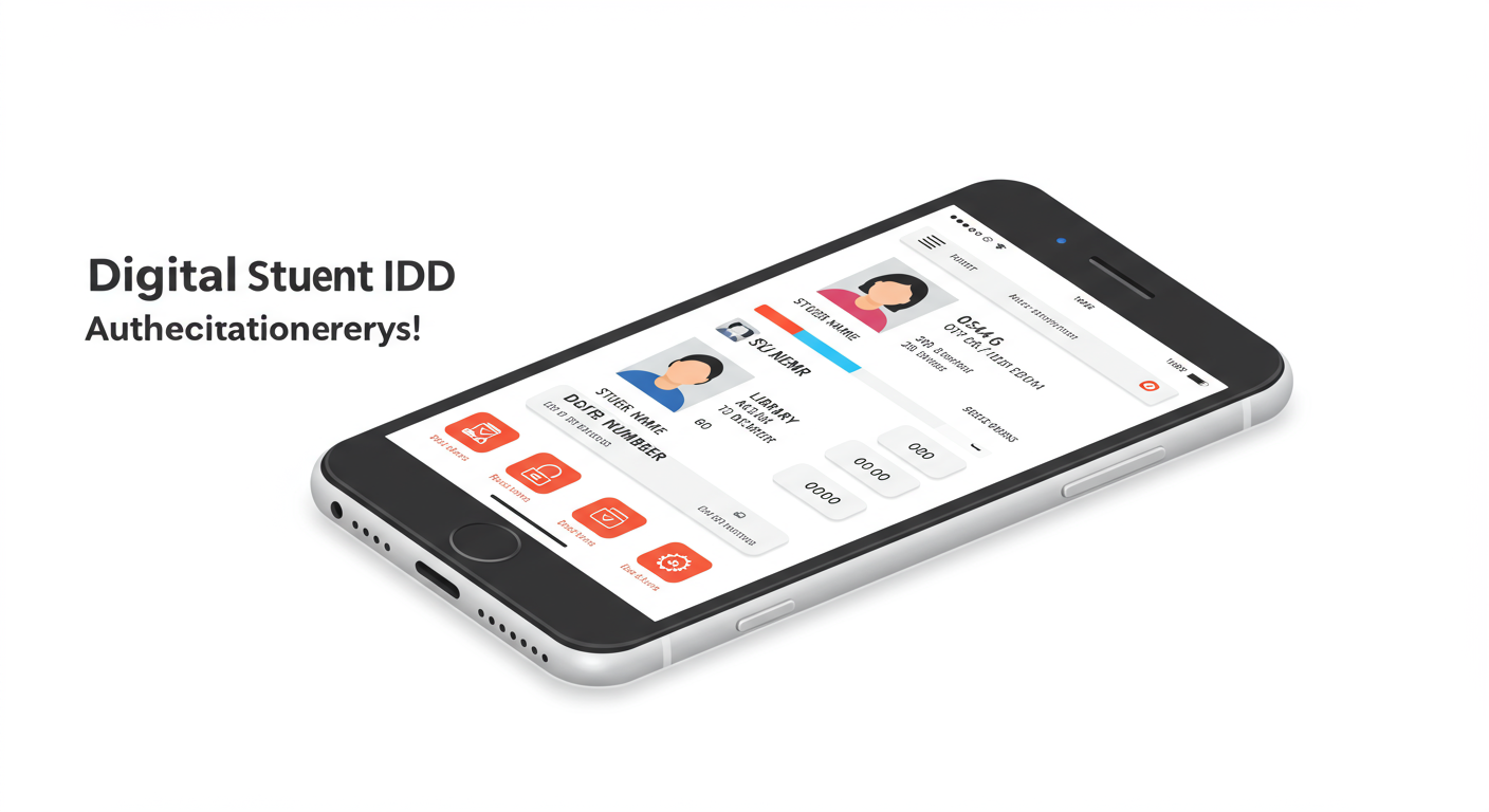 스마트폰 화면에 디지털 학생증 인터페이스와 인증 과정 아이콘이 표시된 모습