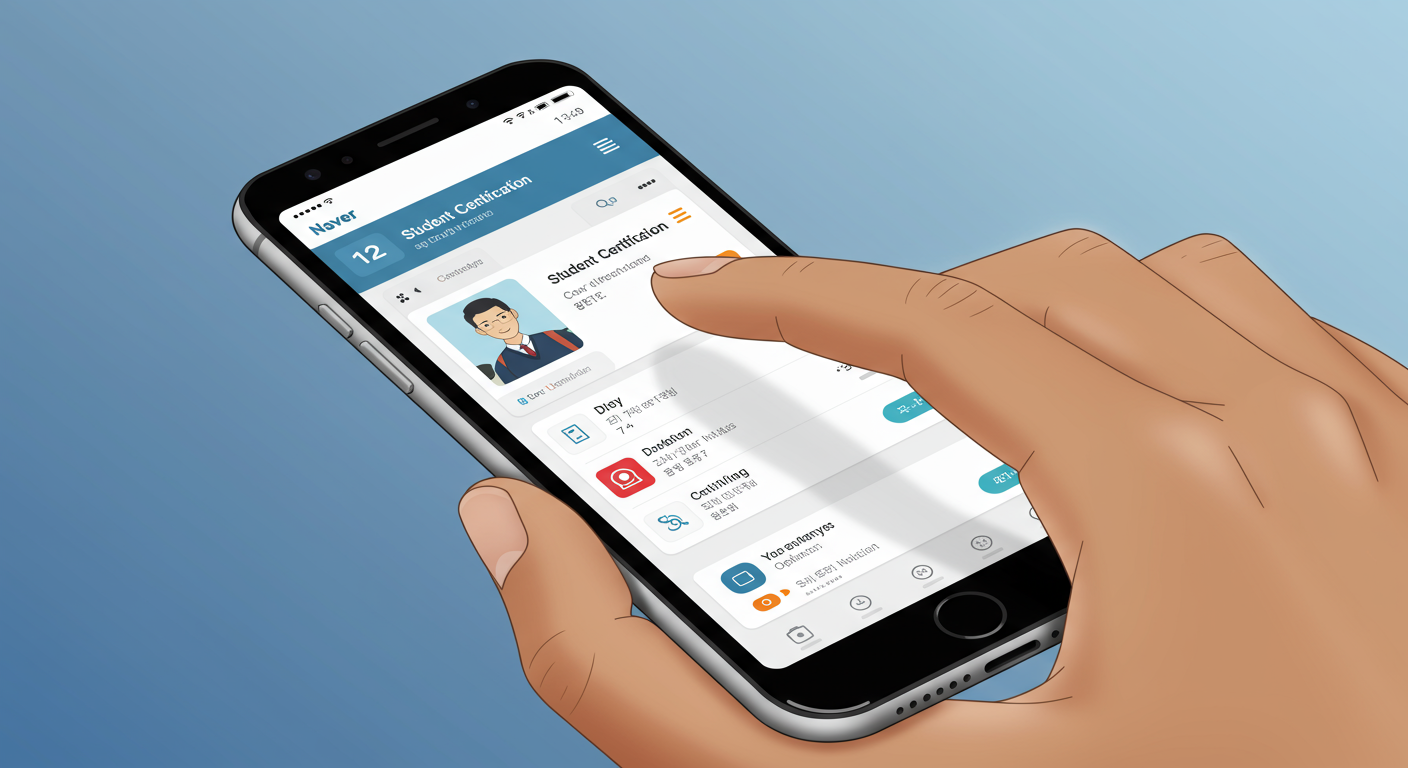 스마트폰에서 네이버 앱 메뉴를 탐색하며 '학생·동문인증'을 선택하는 장면