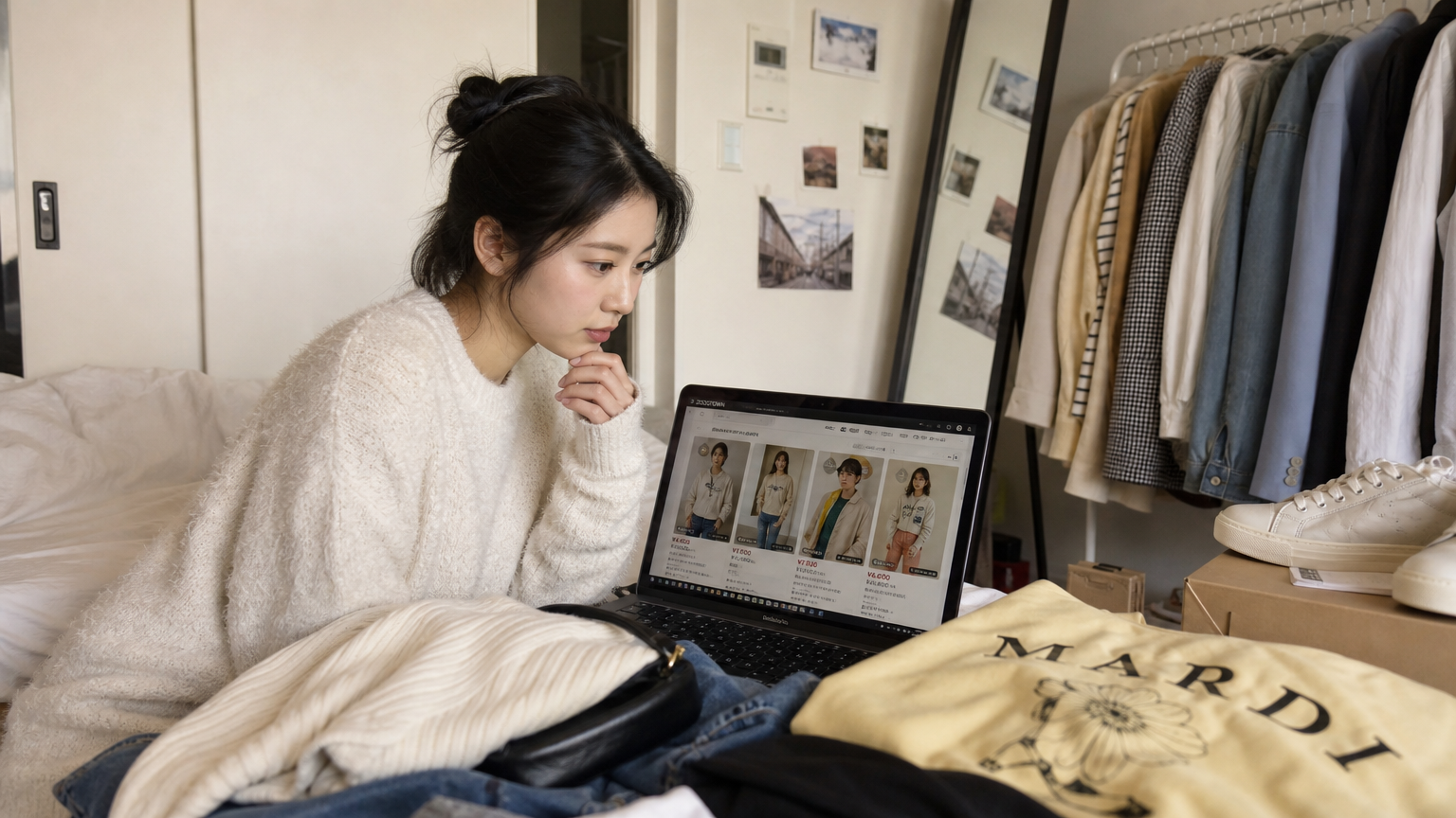 현대적인 여성이 아파트에서 노트북으로 일본 패션 웹사이트를 탐색하는 모습