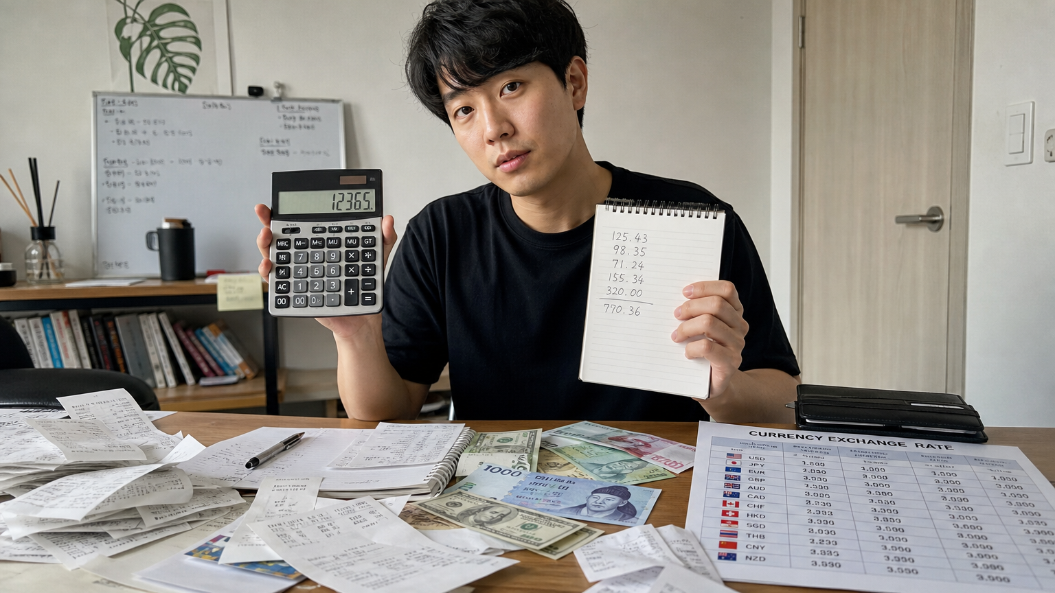남성이 책상 위에 계산기와 메모장을 두고 쇼핑 영수증과 환율 차트를 보는 모습