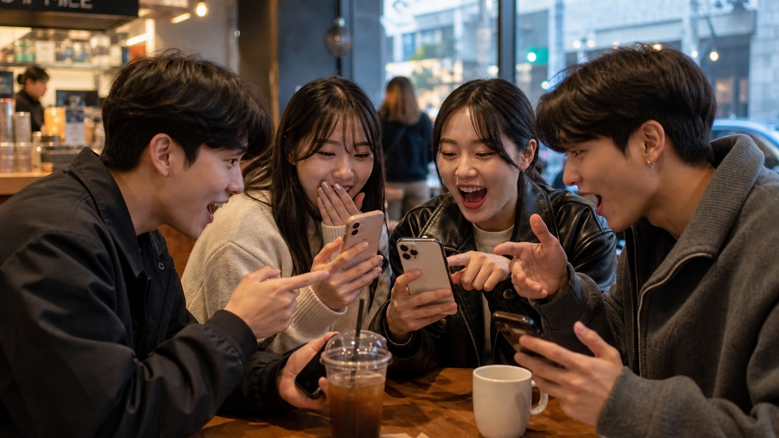 젊은 사람들이 카페에서 스마트폰으로 일본 패션 세일 정보를 나누며 대화하는 장면