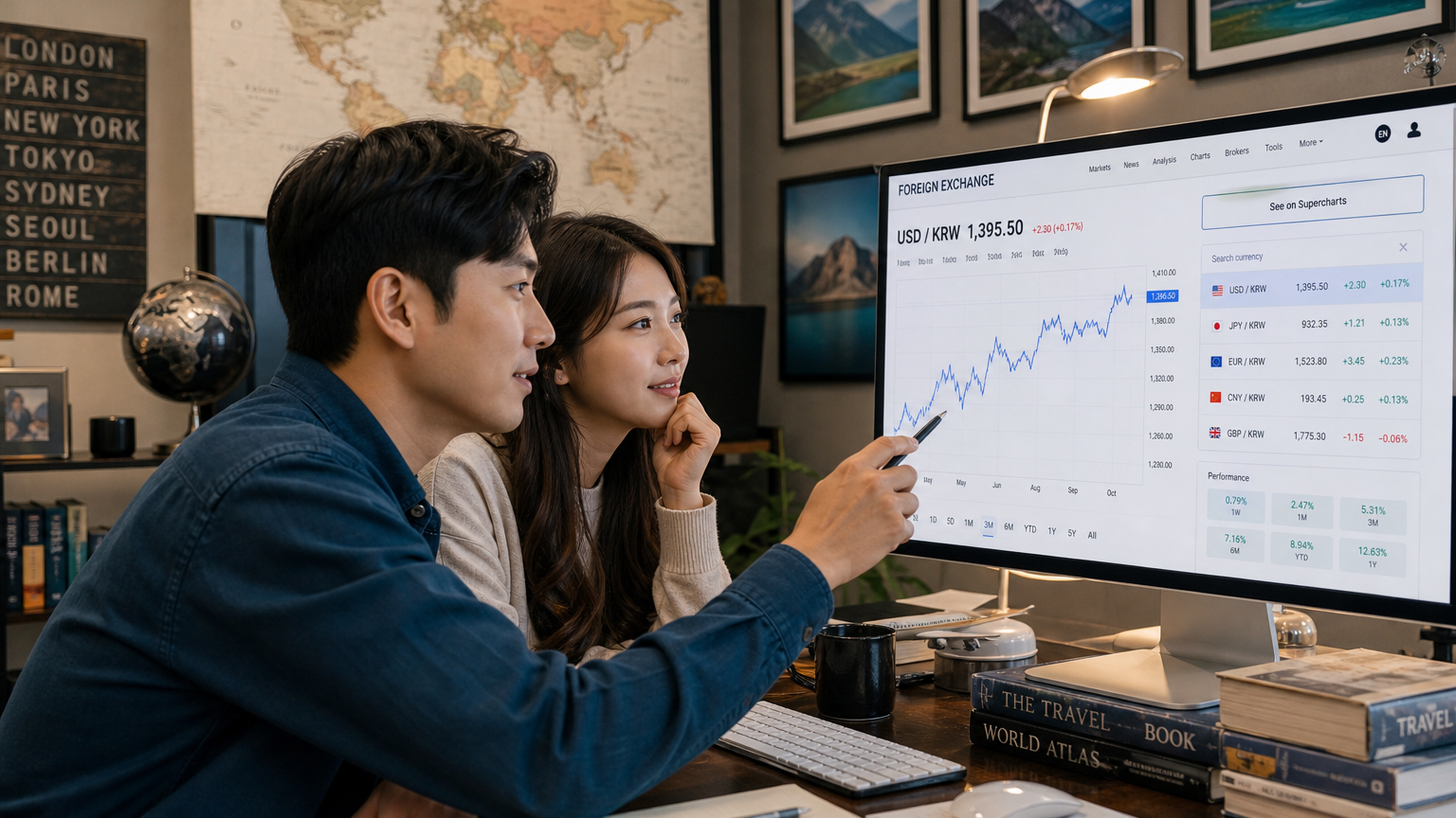 커플이 세련된 홈 오피스에서 환율 변동을 컴퓨터로 분석하는 모습