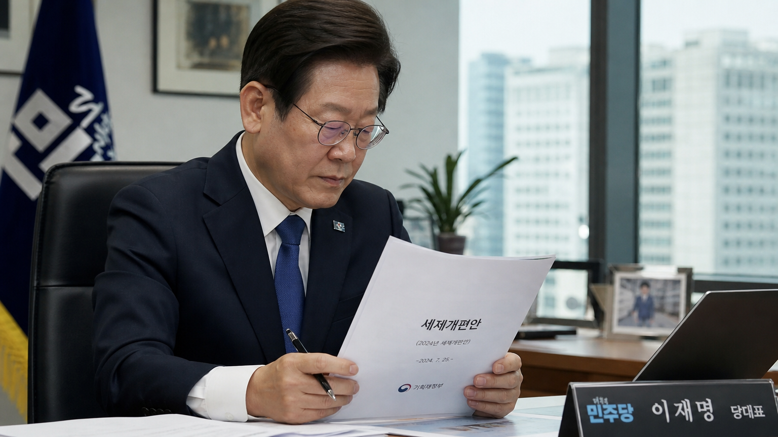 현대적 사무실에서 세금 정책 문서를 검토하는 한국 정치인의 모습