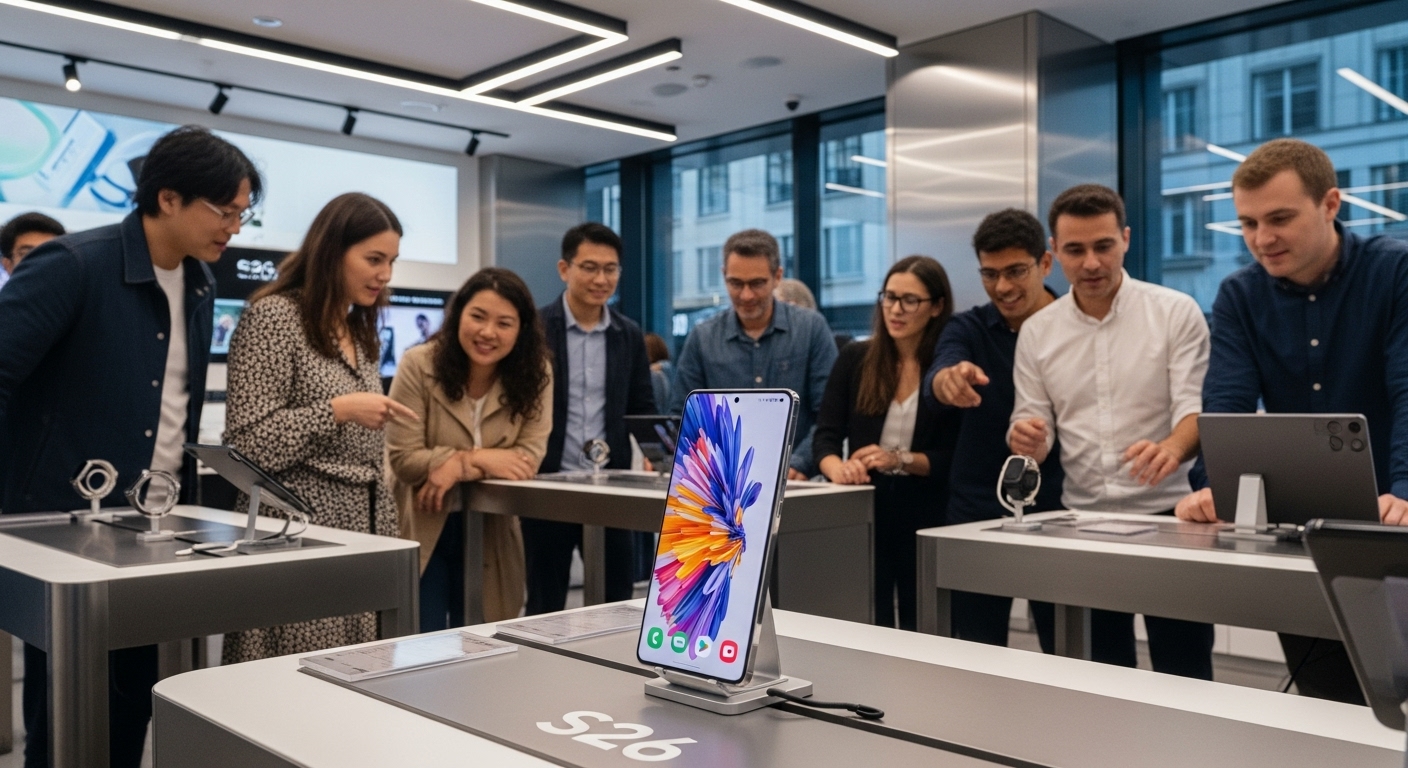 최신형 삼성 갤럭시 S26 스마트폰이 전자제품 매장에 전시된 모습과 호기심 많은 고객들