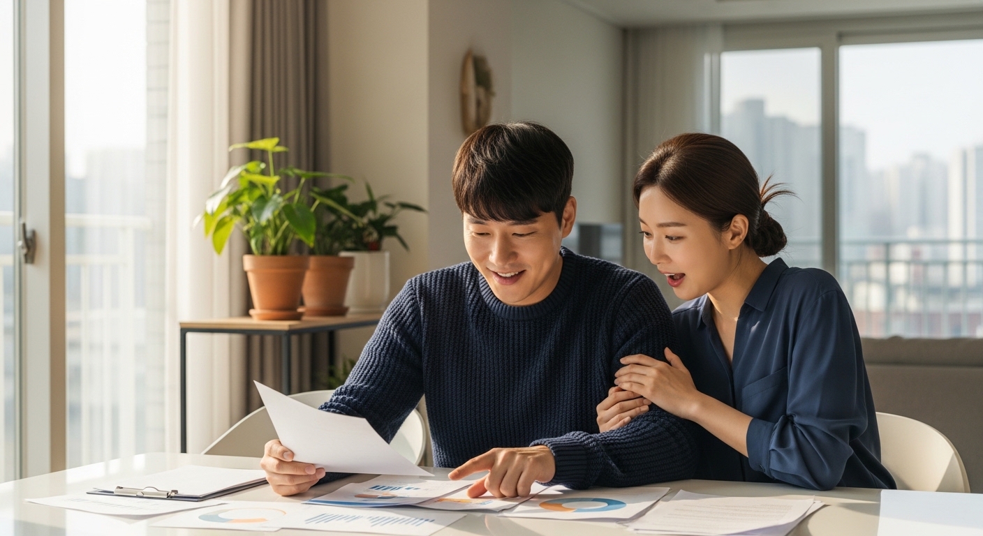 서류를 보며 정부 지원책에 대해 이야기하는 걱정스러운 표정의 젊은 부부 모습.