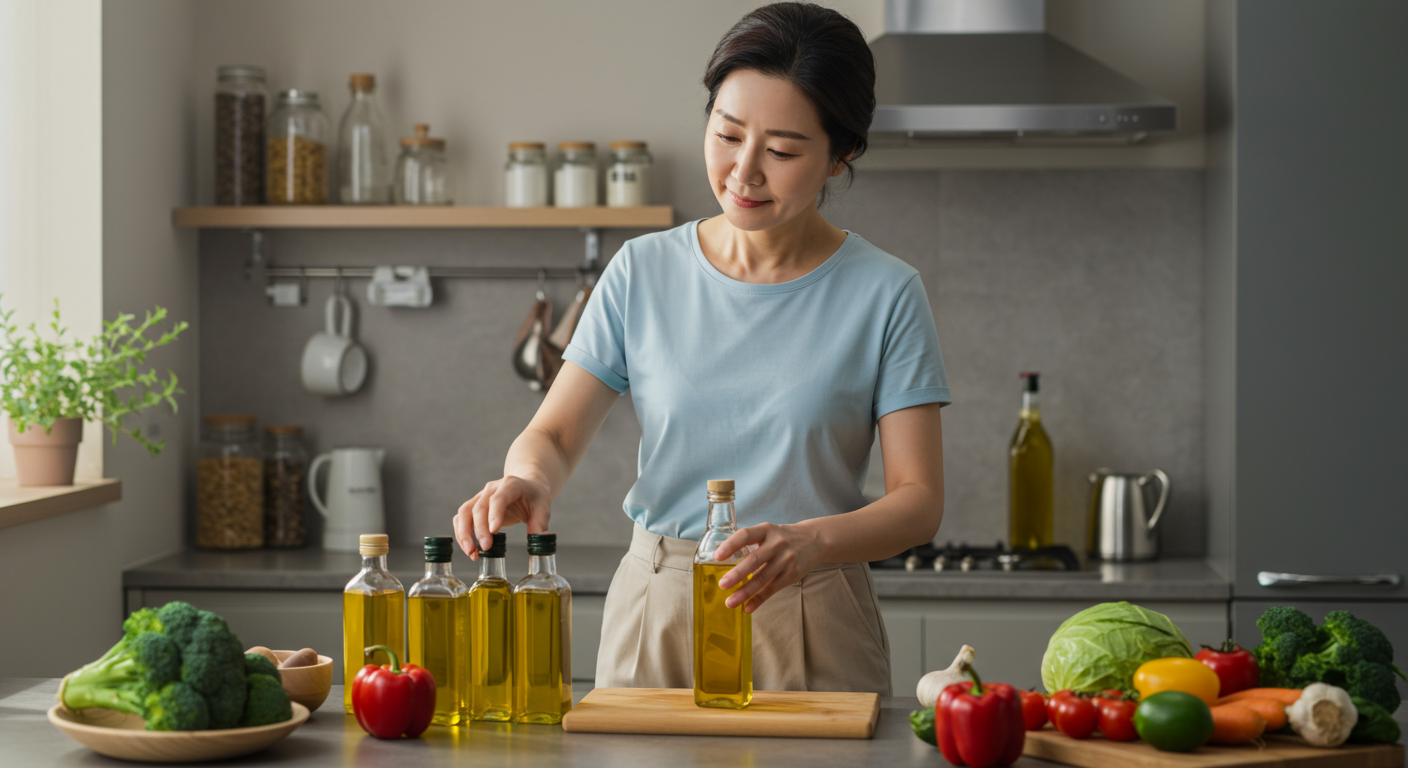 중년 여성이 현대적인 주방에서 다양한 식용유를 고르는 모습, 건강과 웰빙에 초점